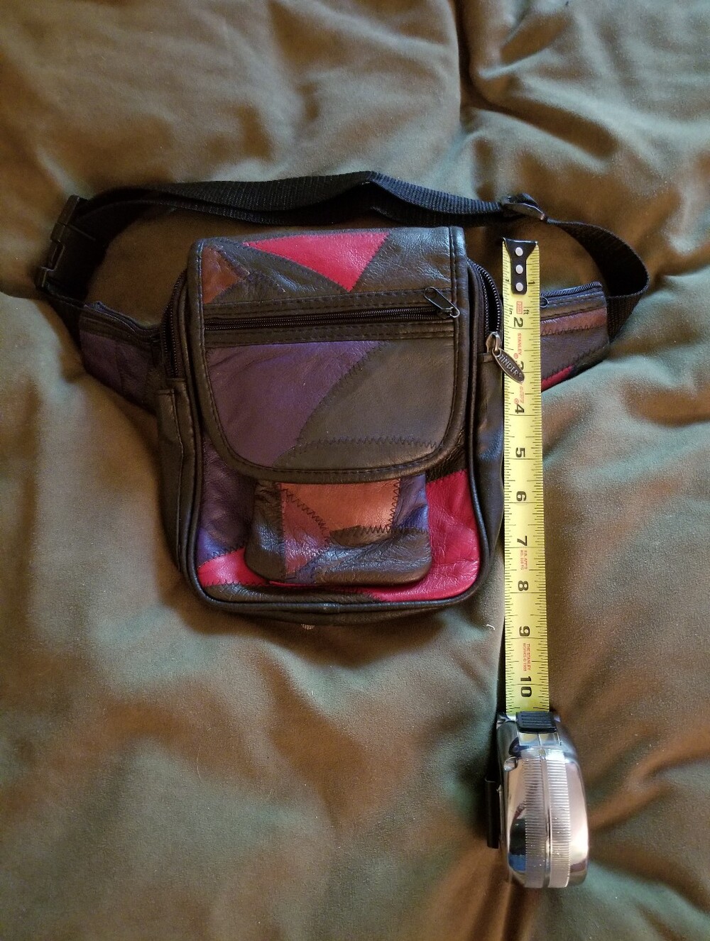 Leather Patchwork Waist Bag in Black, Purple & Red